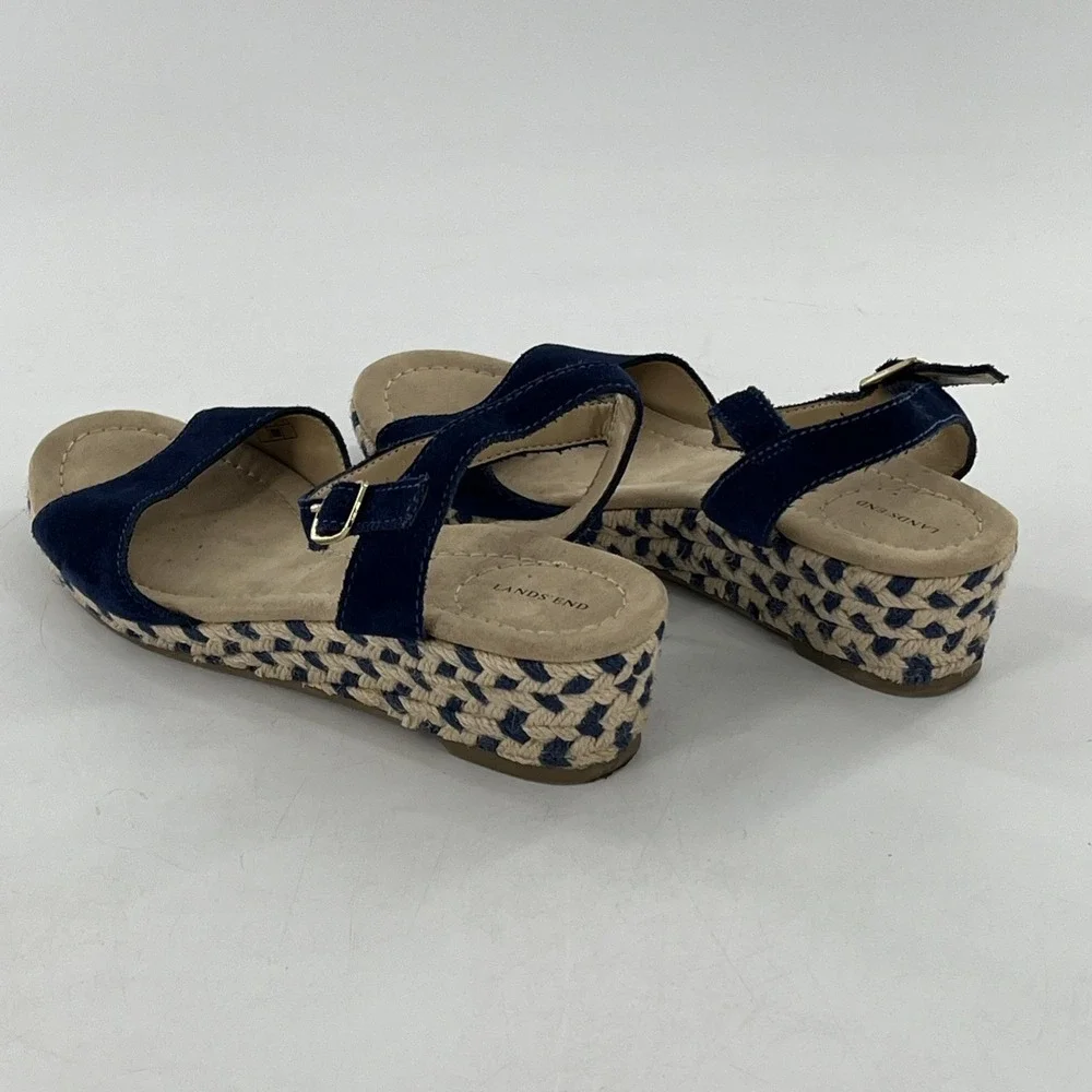 Lands End Espadrille Sandal Womens 7 Wedge Slingback Open Toe Blue Suede Chevron